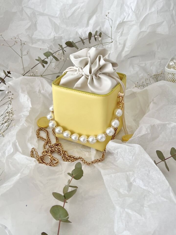 Pearly Sarı İnci Askılı Mini Kutu Çanta